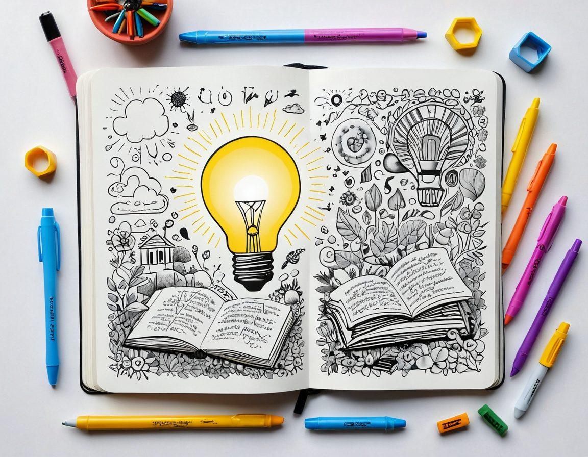 A vibrant open notebook surrounded by colorful writing tools, with a light bulb representing ideas above it. In the background, a winding path of stories illustrated through whimsical icons and characters leading to a sunrise symbolizing impact. The scene evokes creativity and inspiration. super-realistic. vibrant colors. white background.