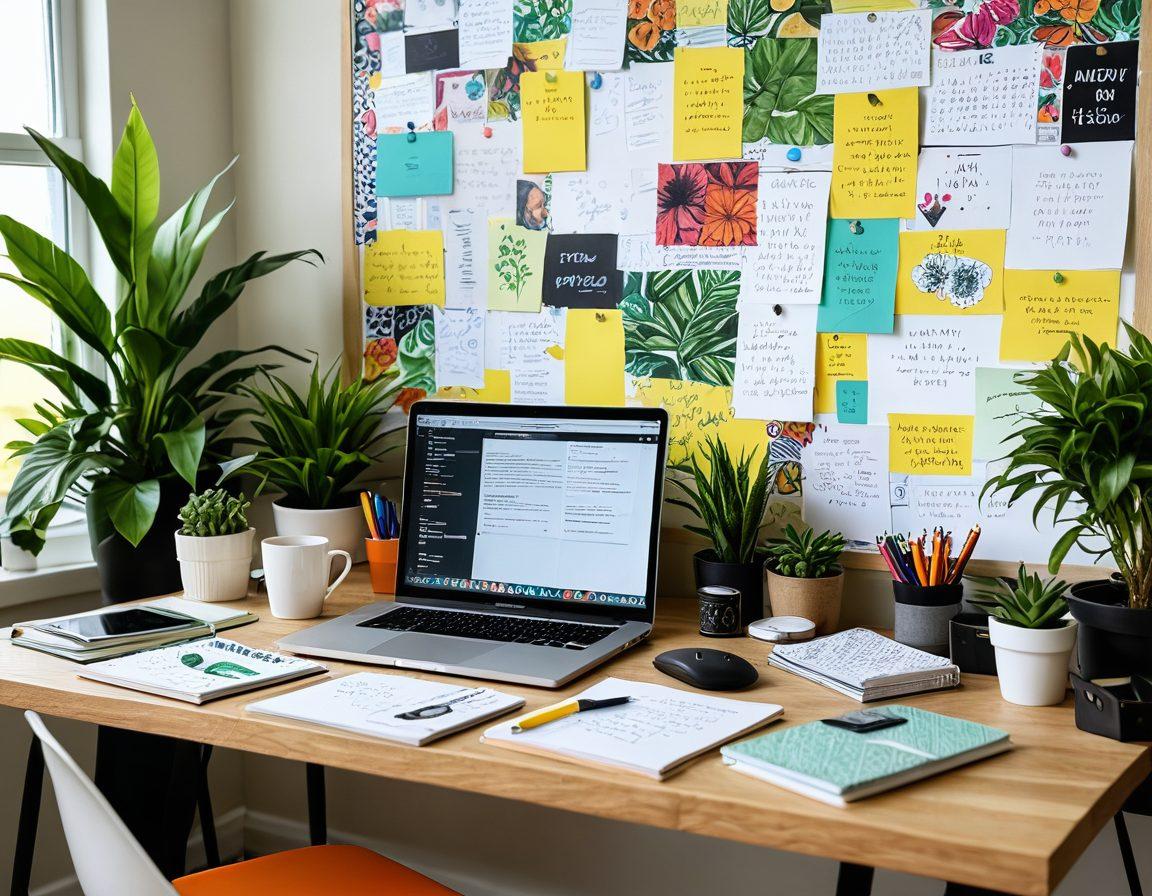 A vibrant workspace filled with color, showcasing an open laptop with a glowing screen displaying a blog layout. Surrounding the laptop are creative tools like colorful pens, a notepad with brainstorming sketches, and a coffee mug. In the background, there's a vision board with inspiring quotes and a plant for freshness. The overall atmosphere is inviting and productive, sparking creativity. super-realistic. vibrant colors. 3D.