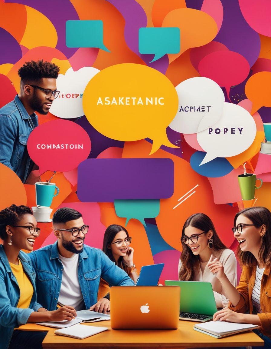 A dynamic collage showcasing diverse bloggers engaged in lively discussions, surrounded by colorful laptops, notebooks, and coffee cups. Elements of social media icons are woven in, symbolizing connection, while speech bubbles containing tips float around. The background features a vibrant, abstract representation of a community coming together. super-realistic. vibrant colors. 3D.